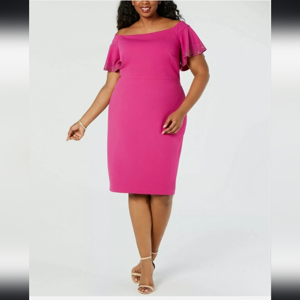 Calvin Klein Women's Off the Shoulder Sheath With Flutter Sleeves Jazzberry